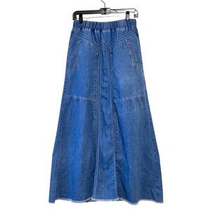 Denim Maxi Skirt Pull On Boho Western Raw‎ Hem Women's Small Pockets